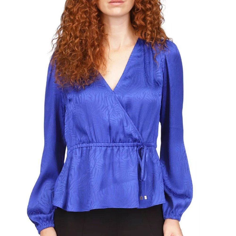 NWT MICHAEL KORS LONG SLEEVE PEPLUM HEM FAUX WRAP TOP/TUNIC ROYAL P/L MSRP $98